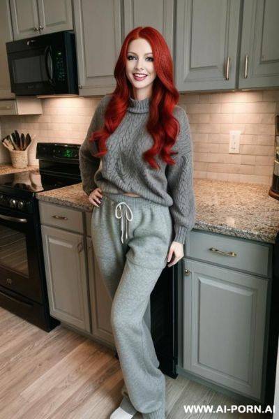 Red-haired woman, full body, standing, long hair, expressive green eyes, wearing wine sweater and gray sweatpants, home kitchen - ai-porn.ai on pornintellect.com