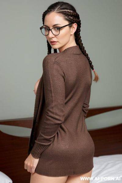 Naked, nude, ((dark brown cardigan)), delicate silver necklace, spectacles, (eye contact, inviting, seductive, alluring, tempting, fuck me), from behind, nude ass, naked ass - ai-porn.ai on pornintellect.com