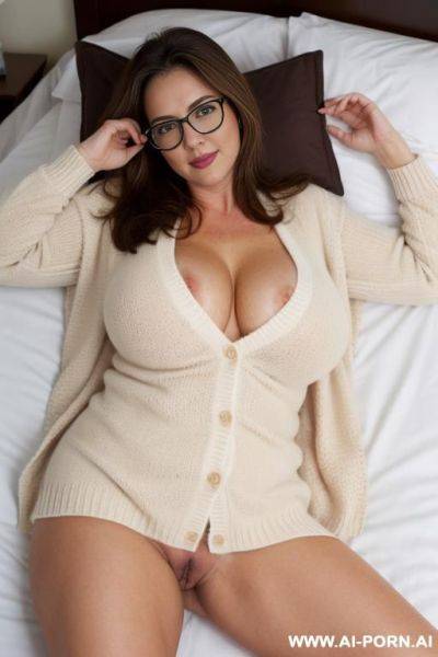 Big tits, naked, nude, hairy pussy, see hairy pussy, visible hairy pussy, show hairy pussy, beautiful hairy pussy, head on pillow, dark brown cardigan - ai-porn.ai on pornintellect.com
