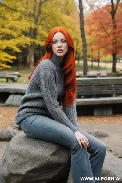 Red-haired woman, full body, long hair, expressive green eyes. wearing blue jeans, gray sweater, sitting on a large rock in the park - ai-porn.ai on pornintellect.com