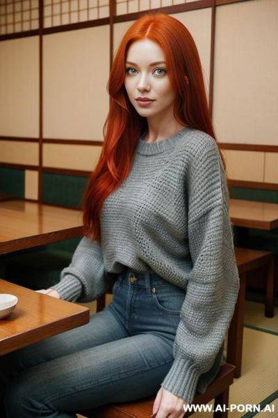 Red-haired woman, full body, long hair, expressive green eyes, wearing blue jeans, gray sweater, sitting at table in japanese restaurant - ai-porn.ai - Japan on pornintellect.com