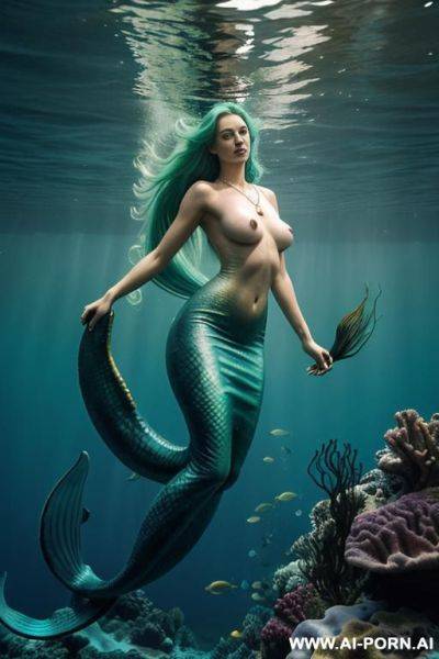 ((topless)), (long silky hair), (necklace), ((mermaid in deep sea)), fishtail, reef - ai-porn.ai on pornintellect.com