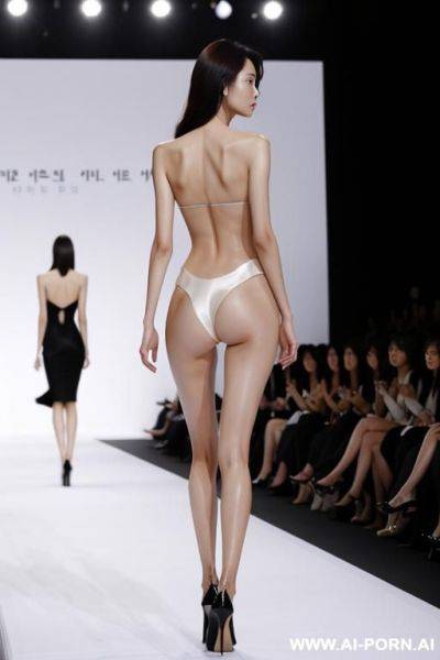 A south korean female supermodel, tall and slender, facing away from the camera, wearing no clothes except for high heels, posing elegantly on a fashion show runway, showcasing her graceful back lines and long beautiful legs. - ai-porn.ai - North Korea - South Korea on pornintellect.com