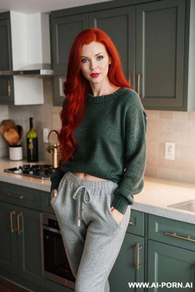 Red-haired woman, full body, standing, long hair, expressive green eyes, wearing wine sweater and gray sweatpants, home kitchen - ai-porn.ai on pornintellect.com