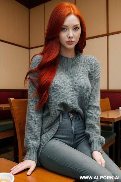 Red-haired woman, full body, long hair, expressive green eyes, wearing blue jeans, gray sweater, sitting at table in japanese restaurant - ai-porn.ai - Japan on pornintellect.com