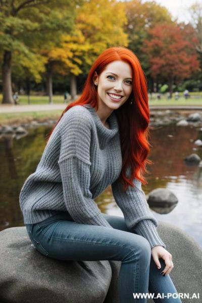 Red-haired woman, full body, long hair, expressive green eyes, big smile. wearing blue jeans, gray sweater, sitting on a large rock in the park - ai-porn.ai on pornintellect.com