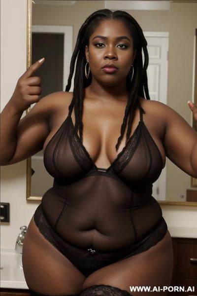 ((ebony model with blonde highlights)) ((big huge large massive heavy perky pointy boobs)) ((fat body)) ((middle finger)) - ai-porn.ai on pornintellect.com