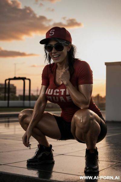 Mom, spanish , punk, muscle fit ,sunglasses, boobs, tight shorts, baseball cap red, neckline t-shirt military, wet hair ,wet skin ,roof , sunset - ai-porn.ai - Spain on pornintellect.com
