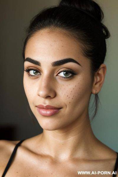 Freckled, thick eyebrow, green eye, messy bun, middle eastern, closeup, seductive smirk, - ai-porn.ai on pornintellect.com