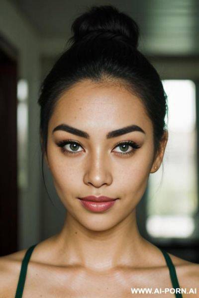 Freckled, thick eyebrow, green eye, messy bun, malaysian, closeup, seductive smirk - ai-porn.ai - Malaysia on pornintellect.com
