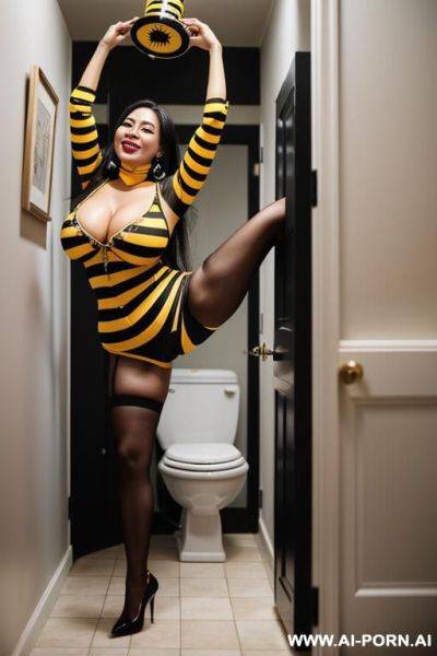 Standing alongside of a potty in a dirty bathroom, a pouty scantily-dressed smiling housewife with long straight blonde hair, lipstick, and thick eyeliner is clasping her hands around a - ai-porn.ai on pornintellect.com