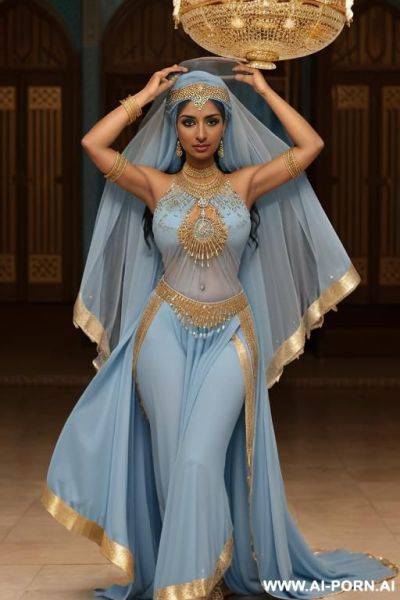 Dark-skinned middle eastern woman. wearing a light blue, flowing, loose-fitting middle eastern dance costume. a light blue face veil is partially covering her face. a light blue, form-fitting - ai-porn.ai on pornintellect.com