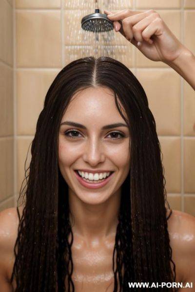Gap between front teeth, wet hair, in shower - ai-porn.ai on pornintellect.com