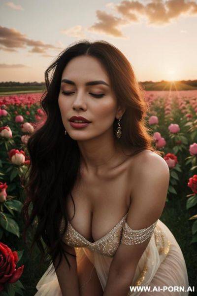 "a stunning, emotionally inse romantic portrait of a woman in a field overflowing with blooming roses, peonies, and wildflowers in rich reds, pinks, and whites. she is surrounded by petals in - ai-porn.ai on pornintellect.com