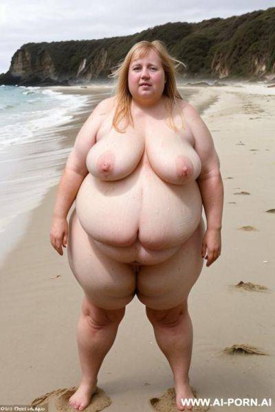 Fat woman, beach, (((morbidly obese))), blonde, double chin, messy wet hair, nudist beach, bend over, standing, looking for mussels in the sand - ai-porn.ai on pornintellect.com