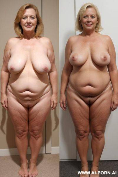 Short, blonde, fat, fully nacked, open legs, cellulite, same woman, before and after picture, (((much w gain))) - ai-porn.ai on pornintellect.com