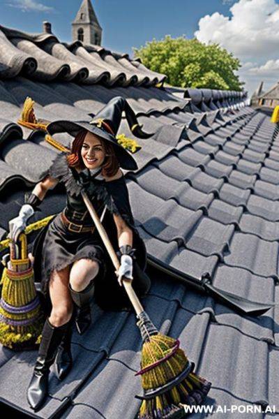Realistic photo, best quality, highly detailed, summer, clouds in the background, (((((woman rides on a witch broom))))), the broomstick long clamped in the crotch, the wet cunt pressed firmly on - ai-porn.ai on pornintellect.com