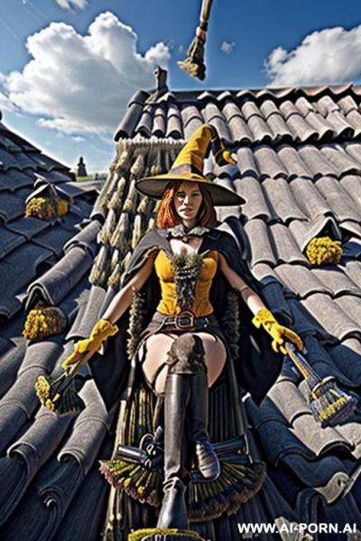 Realistic photo, best quality, highly detailed, summer, clouds in the background, (((((woman rides on a witch broom))))), (((((the broomstick long clamped in the crotch))))), the wet cunt pressed - ai-porn.ai on pornintellect.com