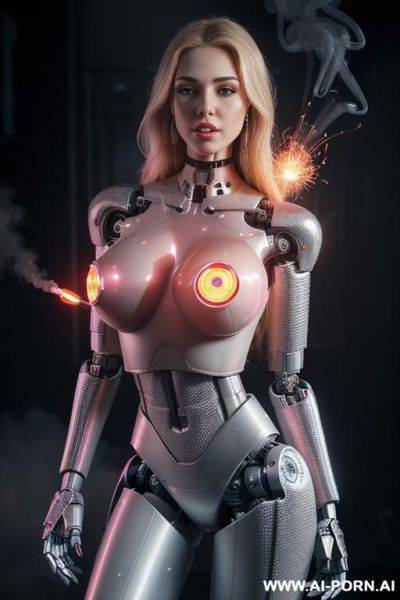 Damaged sexbot, front view, full body view, standing upright inside sexbot lab, looking at viewer, scared face, beautiful, long straight blonde hair, big lips, wide jaw, heavy makeup, hoop - ai-porn.ai on pornintellect.com