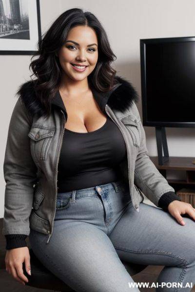 Chubby woman, full body, sitting, smiling, triangular hips, thick thighs, full and ample breasts, large natural breasts, wearing black t-shirt, jeans, jacket with fur on the hood, gray jacket with zipper, living room in front of the television - ai-porn.ai on pornintellect.com