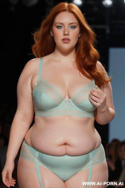 Half-length photo, half body photo shot close up, a fat ((very obese)) chubby fat thick and bbw redhead british, walking on a runway during a fashion fat obese show, the lighting is dramatic, - ai-porn.ai - Britain on pornintellect.com