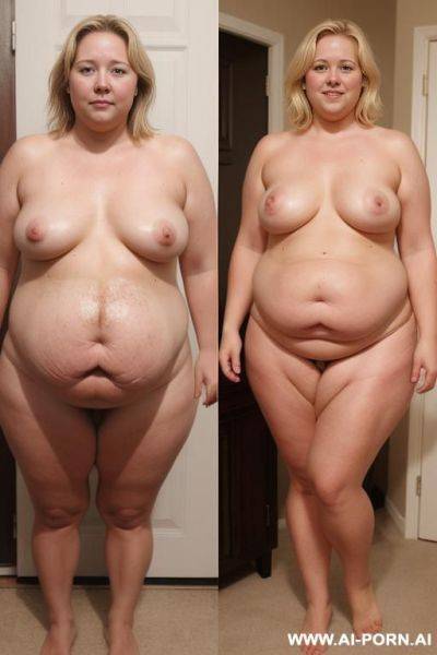 Short, blonde, fat, fully nacked, cellulite, same woman, before and after, (((first , second fat))) - ai-porn.ai on pornintellect.com