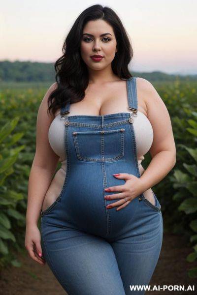 Huge belly, pregnant, denim overalls, thick thighs, - ai-porn.ai on pornintellect.com