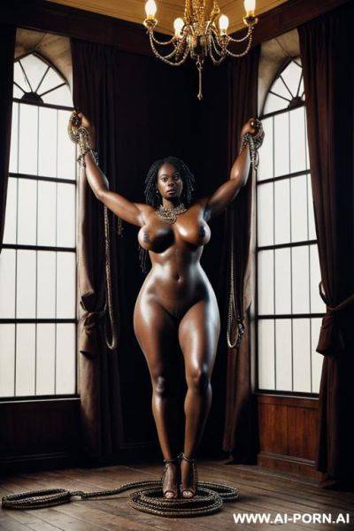 A full body shot of a realistic nude african women, big saggy boobs, gigantic tits, huge aureola, milk dropping nipples, ing body, thick body, standing tall with her arms fully extended upds, - ai-porn.ai on pornintellect.com