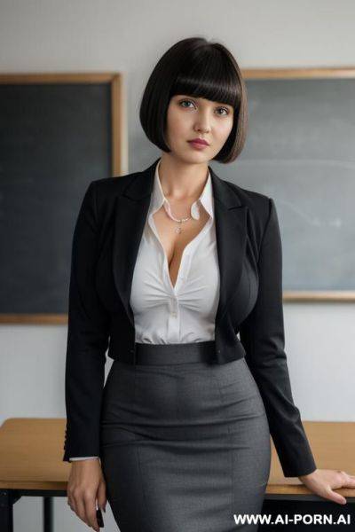 Business shirt, pencil skirt, cleavage, ((saggy teardrop breasts)), teacher uniform, short hair - ai-porn.ai on pornintellect.com