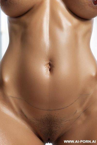 Standing nude woman leaning back, ((((navel close up zoom low angle view)))), naked, very saggy oversized long xxl hanging tits, bald pussy, shiny pussy low angle view, no clothes, oily shiny bald pussy - ai-porn.ai on pornintellect.com