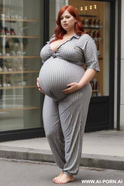 ((super fat bbw obese big bloated huge pregnant belly)), in floral grey pajamas pants, thick thighs, big belly, button show, flash belly, lifting shirt - ai-porn.ai on pornintellect.com