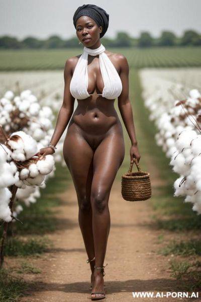 Full body shot. a black woman with big large saggy natural breasts, huge aureola, teardrop boobs, slender body, she is carrying a bag of cotton above her head, she looks very tired she is - ai-porn.ai on pornintellect.com