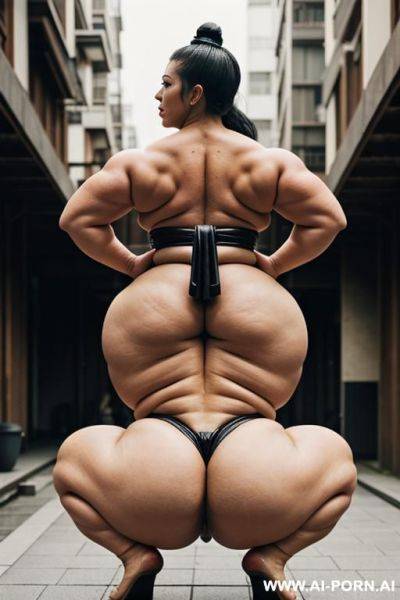 Female sumo, obese muscled bulked up, huge thighs, look over her shoulder, show asshole, gaped asshole - ai-porn.ai on pornintellect.com