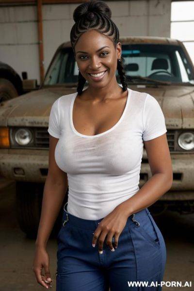 3 woman, black hair, braids ponytail, europeen face shape, black woman, large v-neck, onesy jean suit, sweating, full body view, large shot, teasing - ai-porn.ai on pornintellect.com