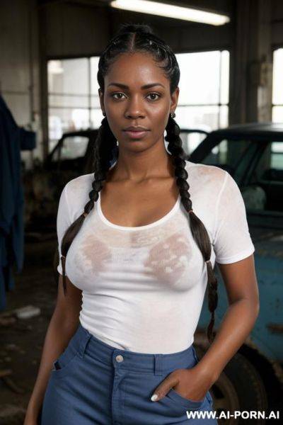 3 woman, black hair, braids ponytail, europeen face shape, black woman, sweating, full body view, large shot, teasing - ai-porn.ai on pornintellect.com