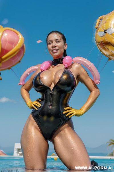 Full shot in high resolution, ((totally nude female)), ((no clothes)), ((totally naked)), sexy face, oiled body, ((very oversized hanging xxl long breasts)), ((tight pussy)) - ai-porn.ai on pornintellect.com
