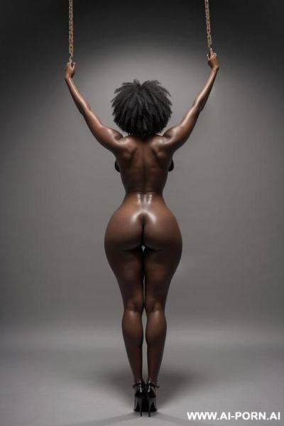 Full body shot of a nude, ebony woman with large breasts and a standing in the center of the image fully backds to the expectator with her arms raised above her head fully extended. she - ai-porn.ai on pornintellect.com