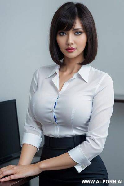 Business shirt, pencil skirt, ((high detailed face)), short hair with bangs, cleavage, ((blue eyes)), ((white shirt)) - ai-porn.ai on pornintellect.com