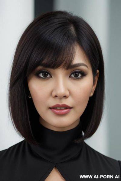 Business shirt, pencil skirt, ((high detailed face)), short hair with bangs, cleavage - ai-porn.ai on pornintellect.com