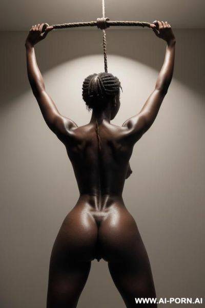 Full body shot of an ultra realistic nude, ebony woman with large breasts ,standing in the center of the image fully backds to the expectator with her arms raised above her head fully - ai-porn.ai on pornintellect.com