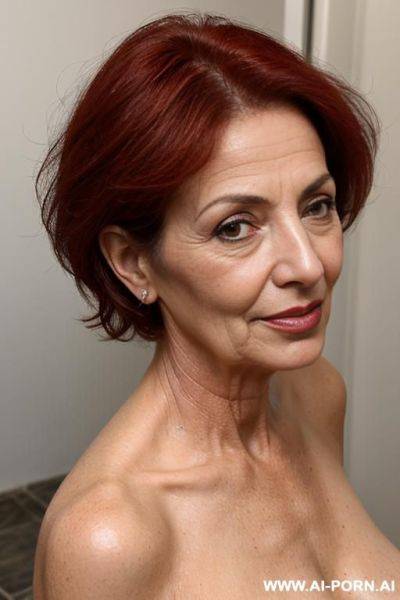 Cypriot woman , 55-0 years old, fully nude, facing camera with romantic face. fit body, natural tits. dyed red short hair, white skin. - ai-porn.ai on pornintellect.com