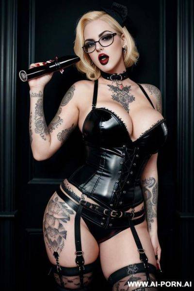Curvy blonde tattooed, wearing strap on dildo round glasses, tattoo on thigh, open mouth - ai-porn.ai on pornintellect.com