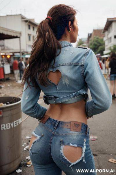 A woman is wearing worn out ripped jeans and a holey jeans jacket. she is bending over, a rip in her pants below the back pockets is visible. there are more rpis and holes in the - ai-porn.ai on pornintellect.com