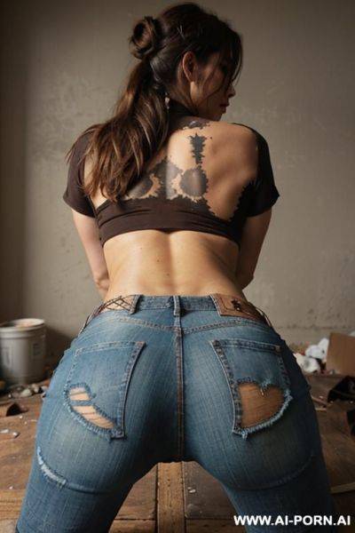 A woman is wearing worn out ripped jeans and a holey t-shirt. she is bending over, a rip in her pants below the back pockets is visible. a red heart patch at the butt and some dirty - ai-porn.ai on pornintellect.com