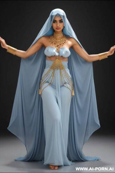 Dark-skinned middle eastern woman. wearing a light blue, flowing, loose-fitting middle eastern dance costume. a light blue face veil is partially covering her face. a light blue, topless. gold-toned, ornate elry accents her upper arms. - ai-porn.ai on pornintellect.com