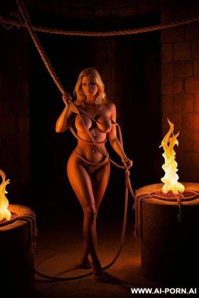 Blonde woman, totally naked, barefoot, in hell, rope bondage, whipped by demon, group of women, dramatic lighting - ai-porn.ai on pornintellect.com