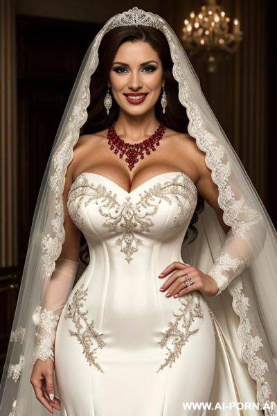 Mature, curvaceous, blonde, milf, perfect hourglass figure, smiling, necklace, earrings, eye contact, bride - ai-porn.ai on pornintellect.com