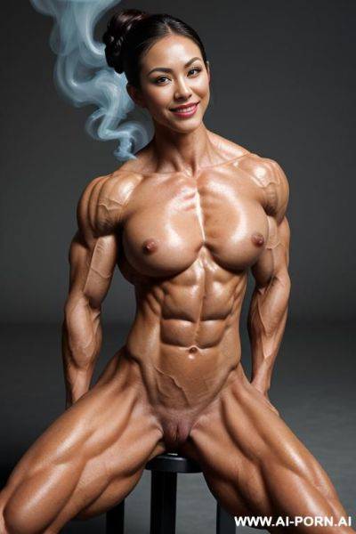 (blue smoke background), real life, pallid skin, shiny skin, realistic nipple, ((nude)), ((naked)), (frontal view), sitting on ground, nipple, look straight into camera, (round face), (complete face), - ai-porn.ai on pornintellect.com