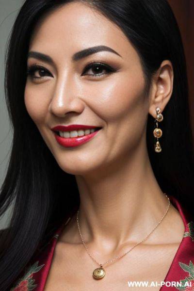 Milf in qipao, perfect figure, full makeup, necklace, earrings, eye contact, - ai-porn.ai on pornintellect.com