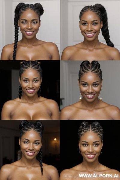 3 woman, black hair, braids ponytail , europeen face shape, black woman, full body view, large shot - ai-porn.ai on pornintellect.com
